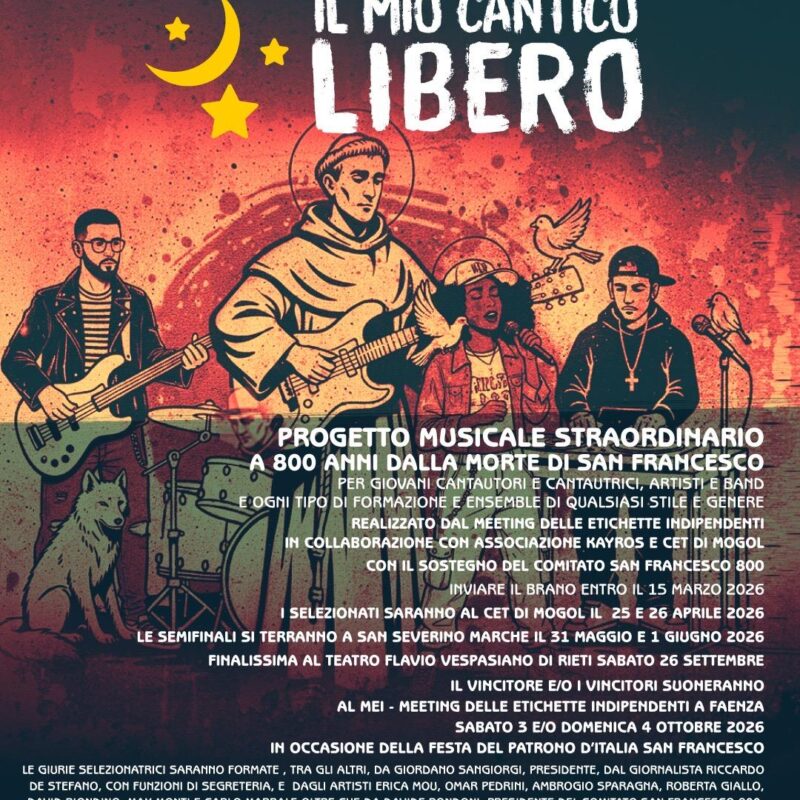 Locandina del progetto musicale “Il mio cantico libero”, con illustrazione di San Francesco che suona la chitarra insieme a musicisti moderni, sfondo rosso e atmosfera artistica.