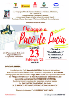 Omaggio a PACO DE LUCIA – 23 febbraio ore 20.30 presso il CINETEATRO “Fratelli Lumiere” Carmiano (LE)