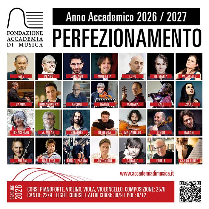 Iscrizioni aperte ai corsi di perfezionamento 26/27 della Fondazione Accademia di Musica di Pinerolo e Torino