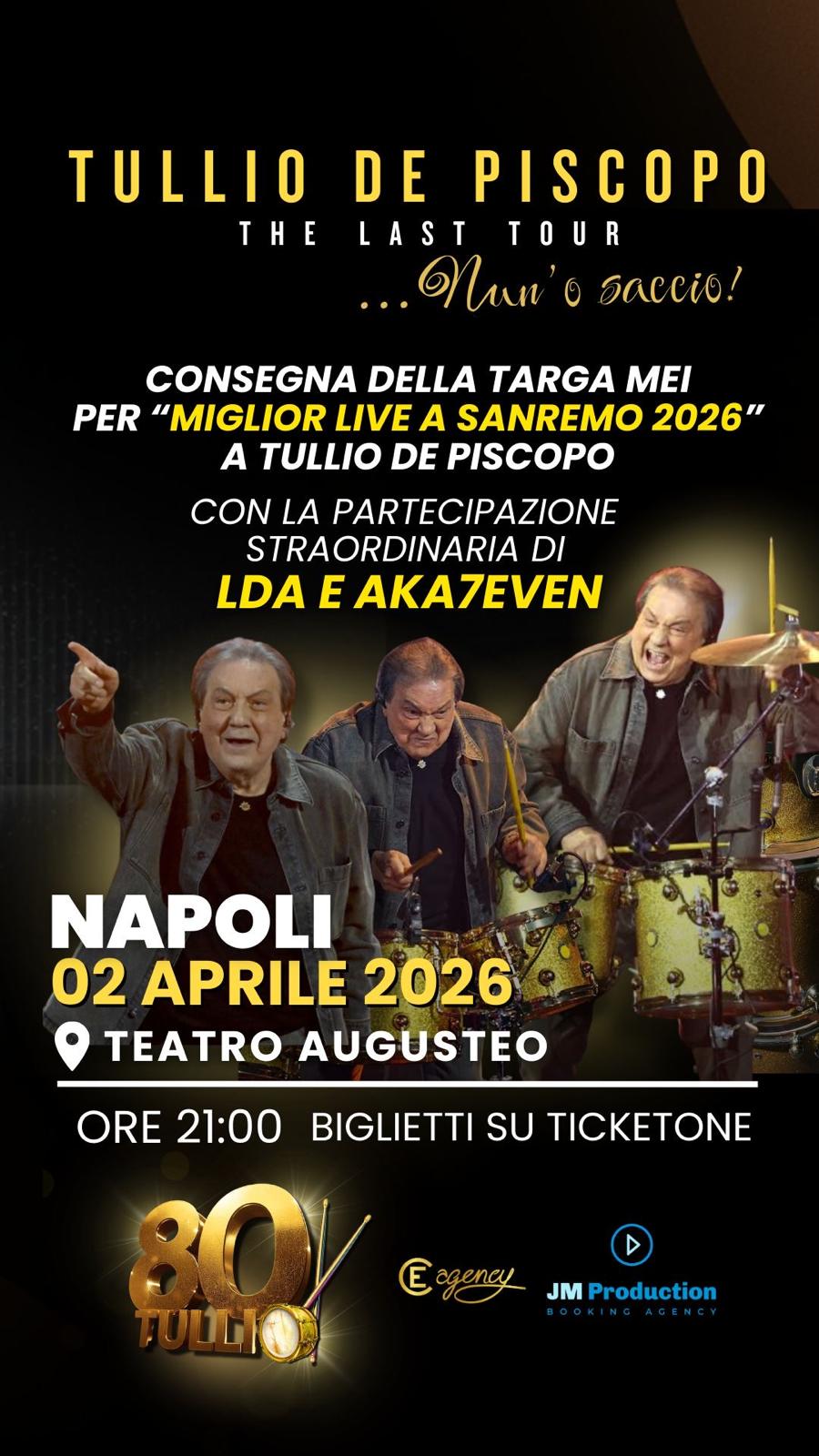 PREMIO MEI MIGLIOR LIVE AL FESTIVAL DI SANREMO 2026 AL MAESTRO TULLIO DE PISCOPO. Consegna a cura del MEI di Faenza, martedì 2 aprile a Napoli