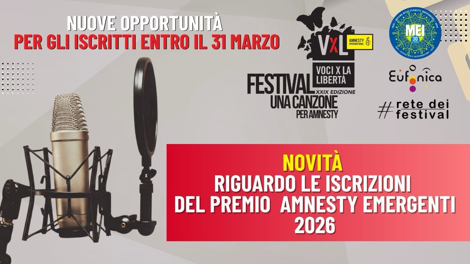 Il Premio Amnesty per gli emergenti dà nuove possibilità per chi si iscrive entro marzo. Il MEI è partner