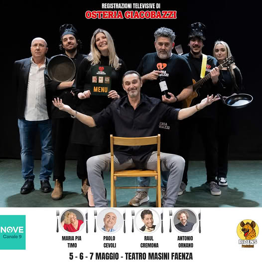 Osteria Giacobazzi in TV: registrazioni al Teatro Masini, sigla finale di Chinny  al MEI 2026 con Materiali Musicali e Ridens