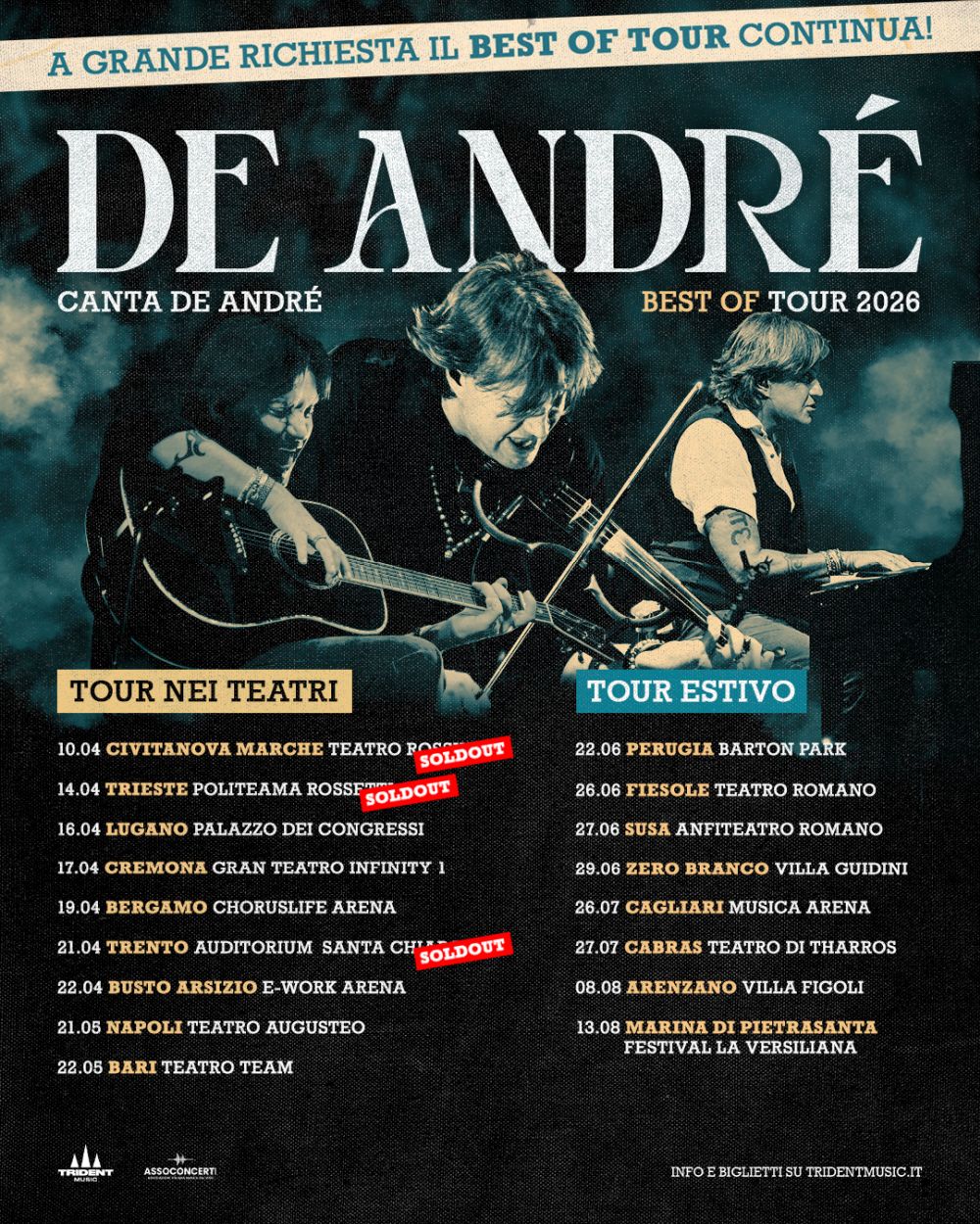 CRISTIANO DE ANDRÉ da domani in concerto in tutta Italia con “DE ANDRÉ CANTA DE ANDRÉ BEST OF TOUR 2026”, un omaggio al padre Fabrizio e alle sue canzoni.