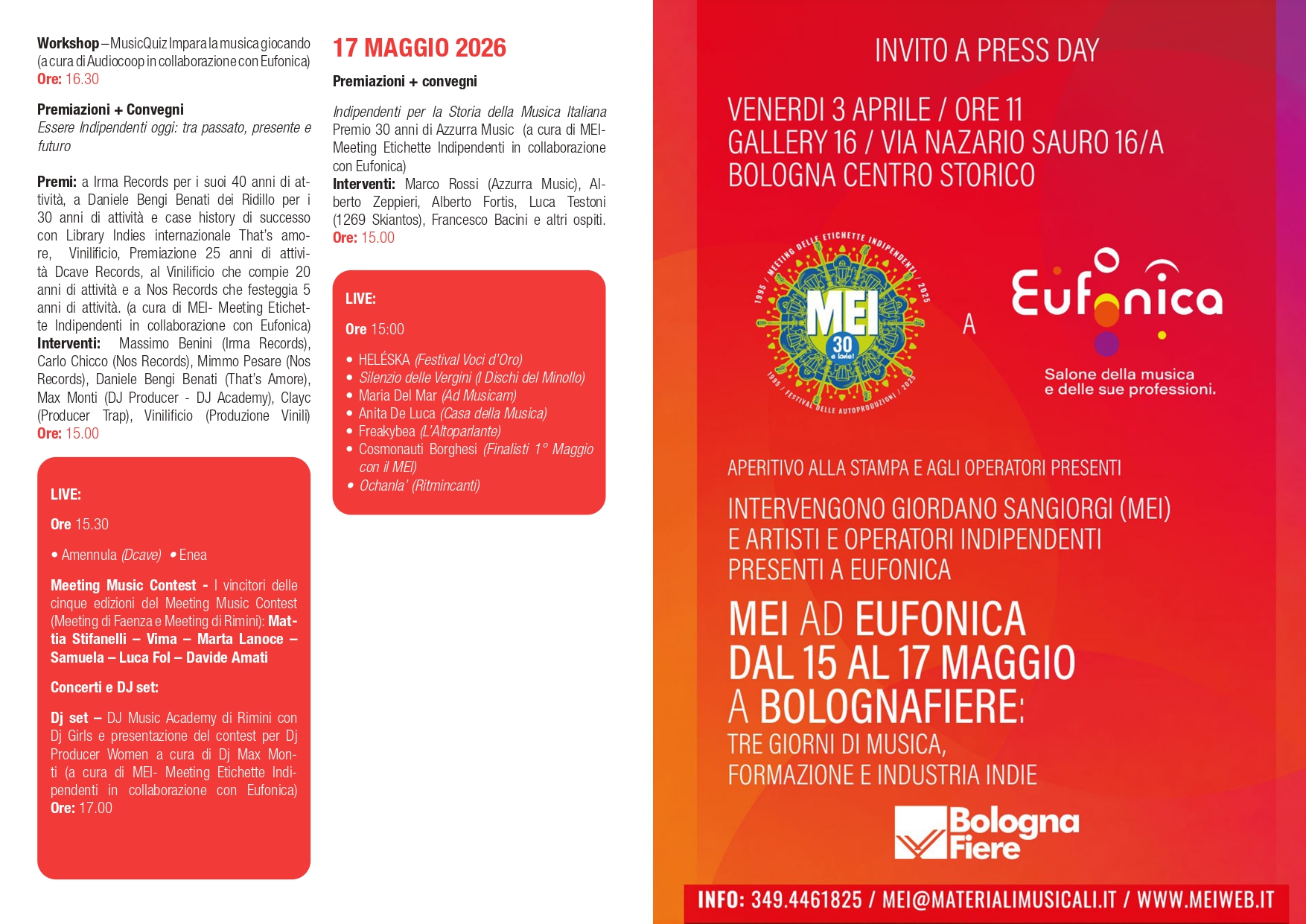 IL MEI A EUFONICA IL 15, 16 E 17 MAGGIO, ECCO I SUOI PRINCIPALI APPUNTAMENTI