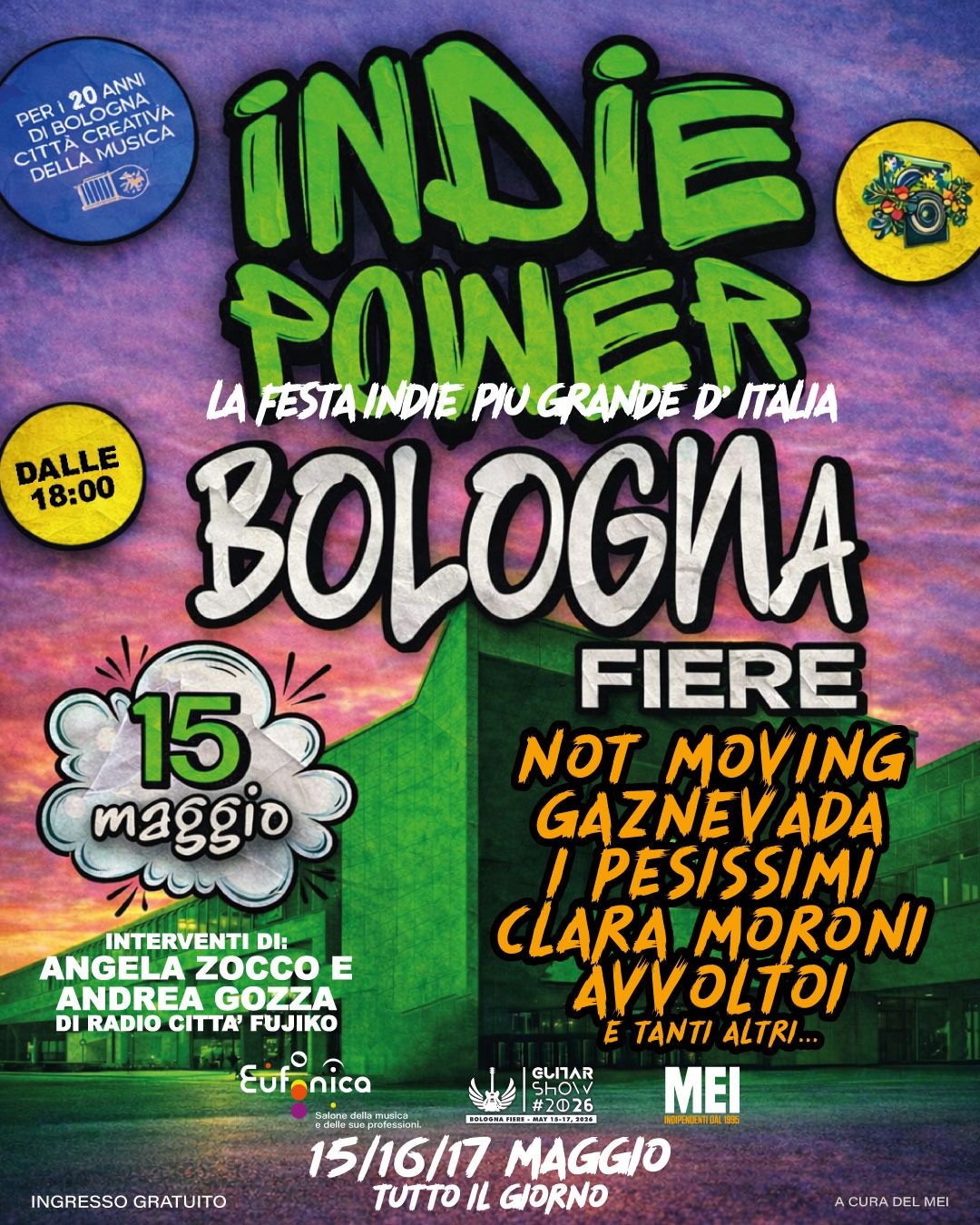 Indie Power, la festa indie piu’ grande d’Italia, ad Eufonica – Ecco tutti i principali eventi MEI dal 15 al 17 maggio a Bolognafiere: tre giorni di musica, formazione e industria Indie.