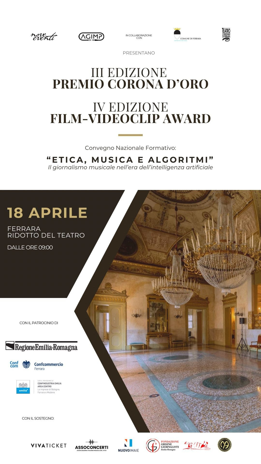 Sabato 18 aprile la città di FERRARA celebra il GIORNALISMO con un convegno formativo e la consegna dei PREMI CORONA D’ORO e FILM VIDEOCLIP AWARD