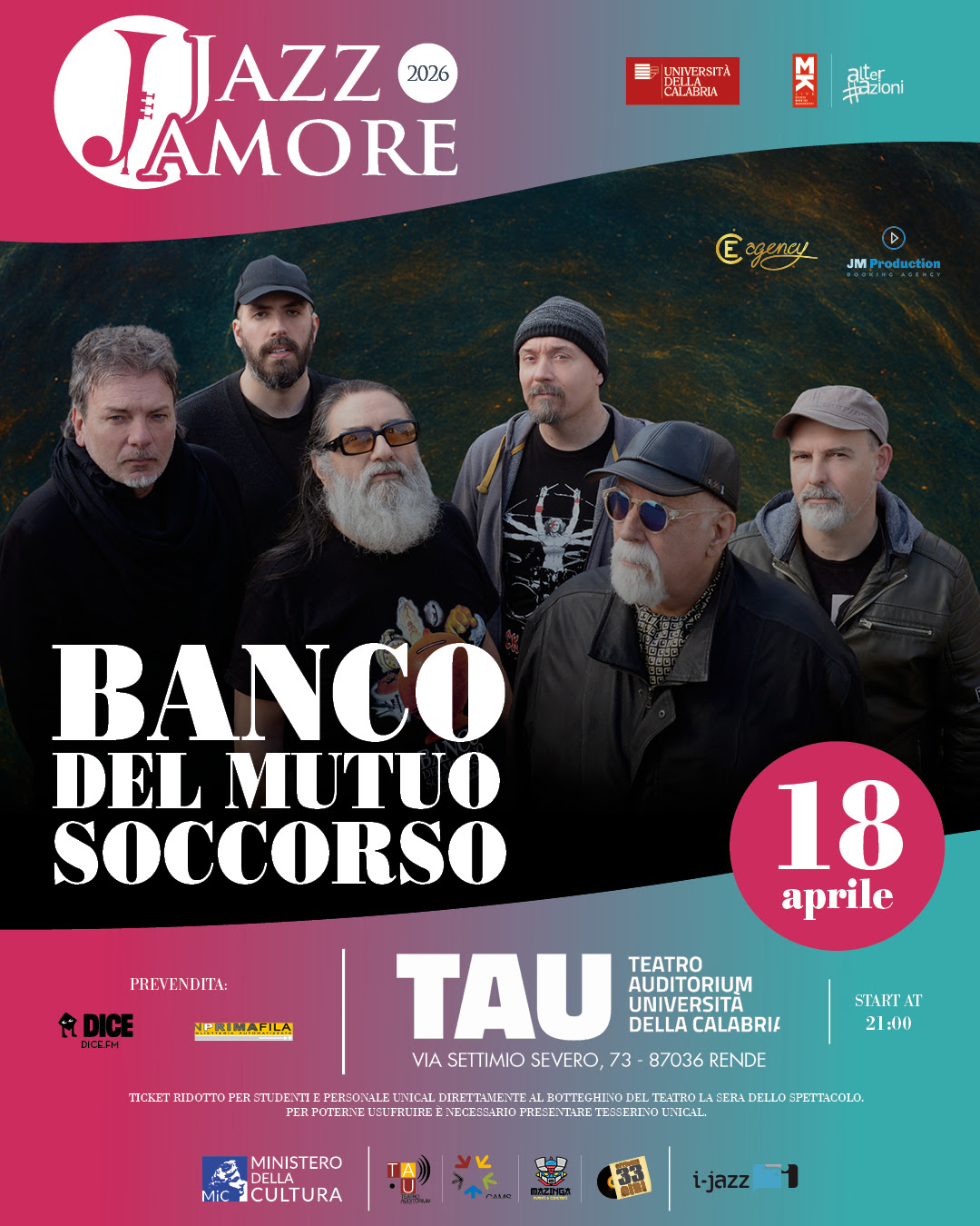 JazzAmore presenta Banco del Mutuo Soccorso  Teatro Auditorium Unical (CS) – 18 Aprile 2026