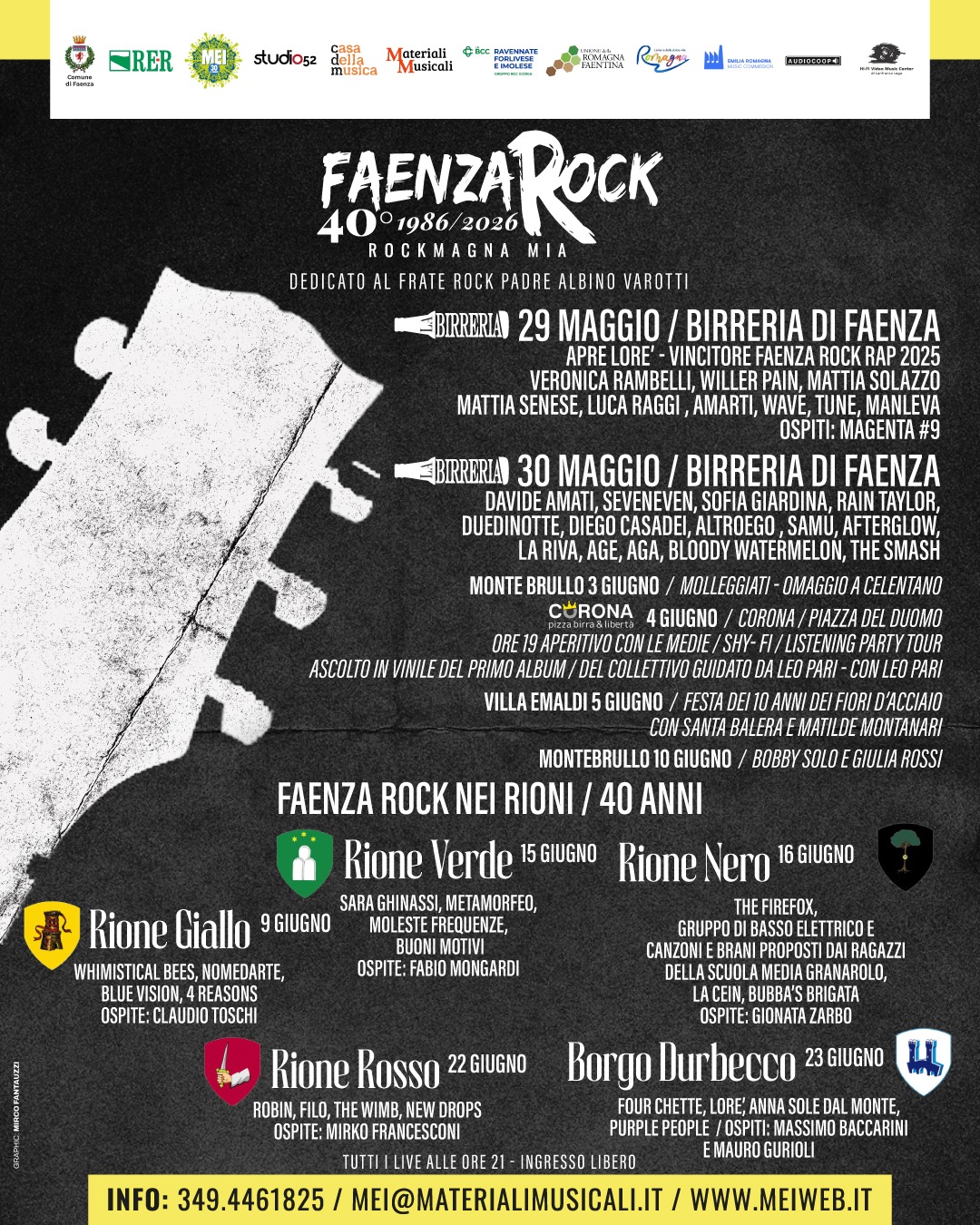 Faenza Rock – Romagna Mia 1986-2026 per i suoi 40 anni fa boom! Ecco il suo percorso dal 29 maggio al 23 giugno insieme a Club, Centro Storico e i Rioni nelle Settimane del Palio con ben 45 iscritti!