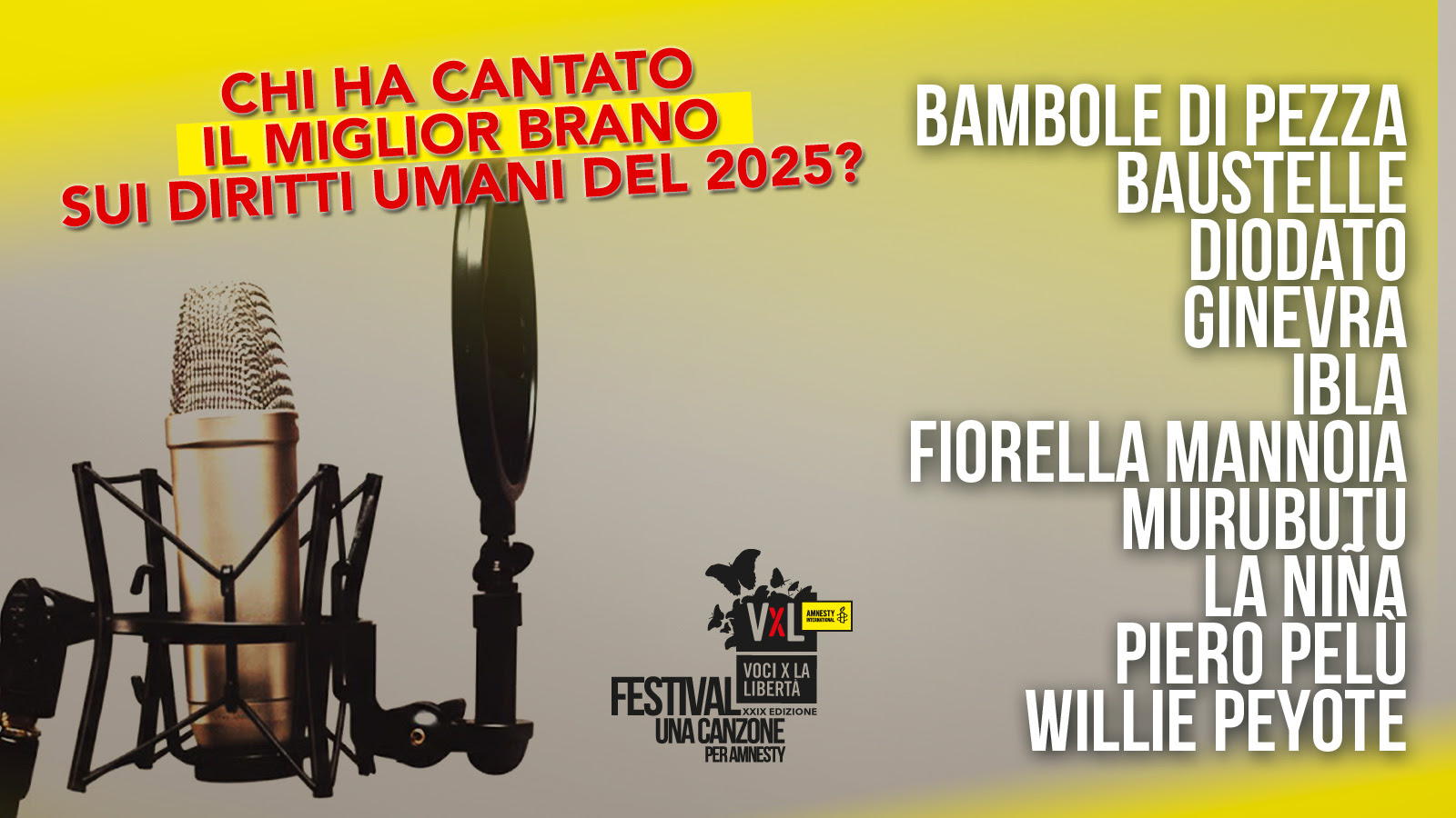 Ecco le 10 canzoni finaliste del Premio Amnesty per i big della musica italiana