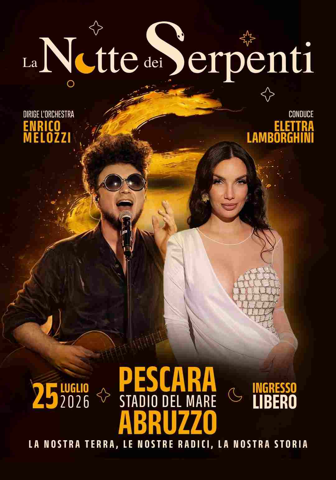 Dal 4 al 19 luglio TERAMO ospiterà le prove de LA NOTTE DEI SERPENTI, il concertone ideato e diretto dal MAESTRO ENRICO MELOZZI la cui quarta edizione si terrà il 25 luglio allo Stadio del Mare di Pescara e in prima serata su Rai 1 il 5 settembre