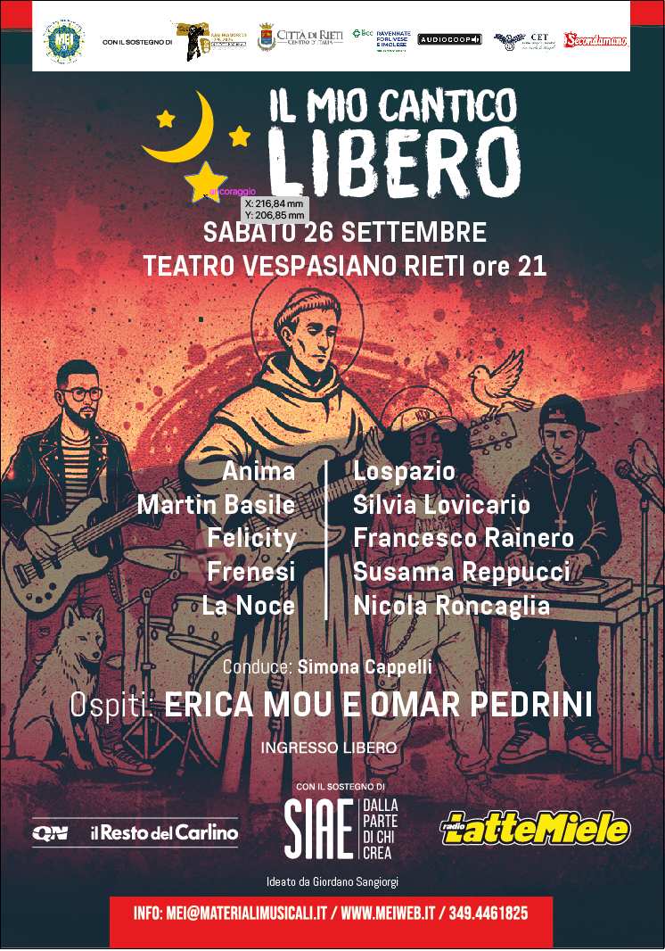 “IL MIO CANTICO LIBERO”: FINALE SABATO 26 SETTEMBRE AL TEATRO VESPASIANO DI RIETI