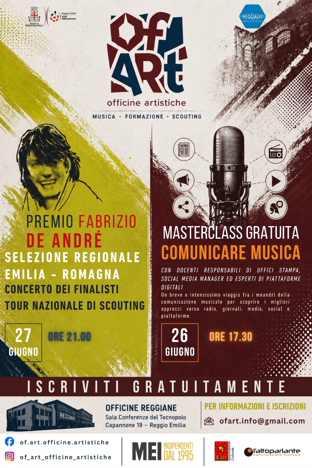 Of.Art a Reggio Emilia: Masterclass e Premio Fabrizio De André, il MEI è partner dell’iniziativa