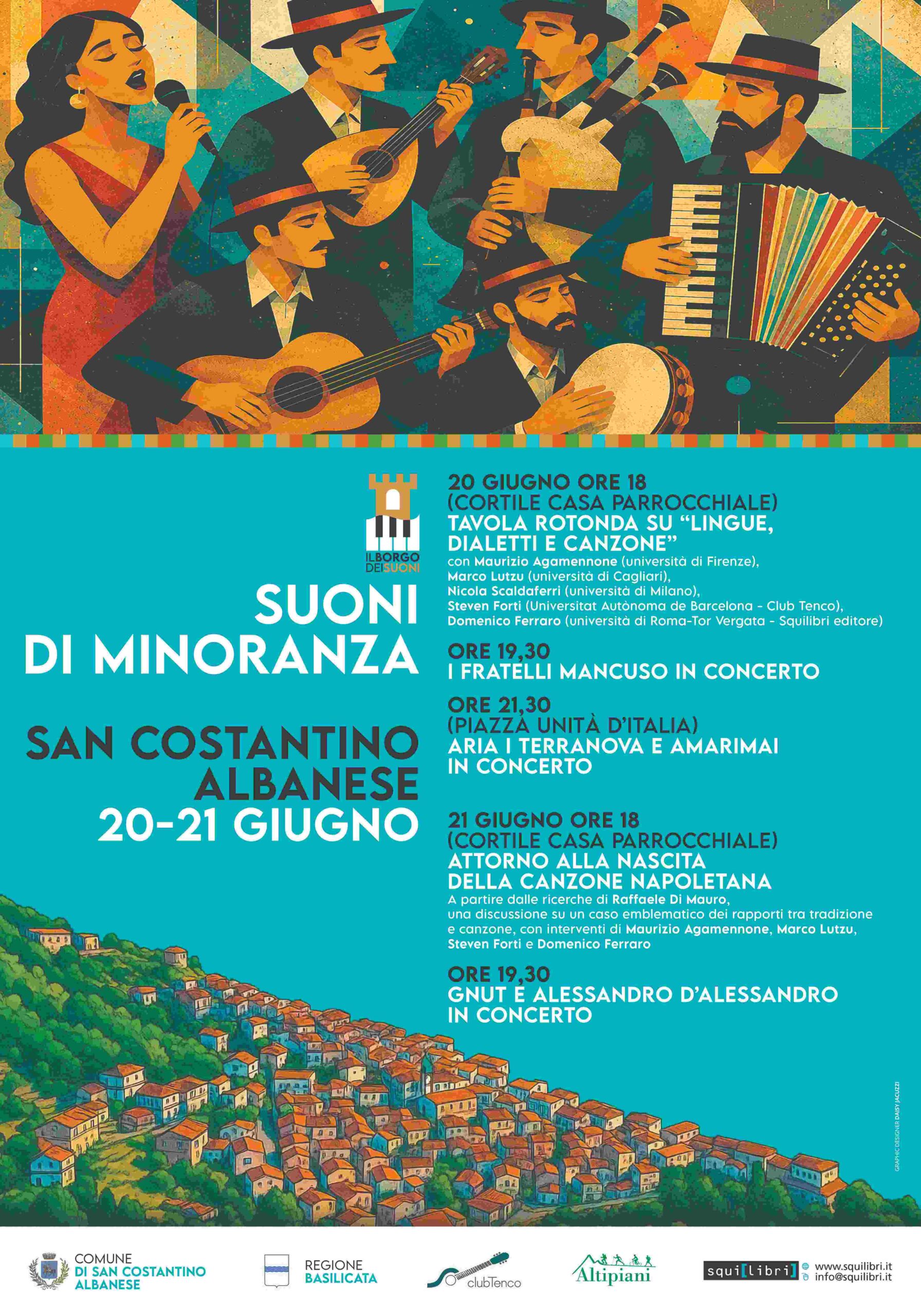 Il CLUB TENCO promuove sabato 20 e domenica 21 giugno a San Costantino Albanese (Potenza) SUONI DI MINORANZA in Musica e Parole. Concerti e dibattiti sull’uso delle lingue native nella canzone italiana