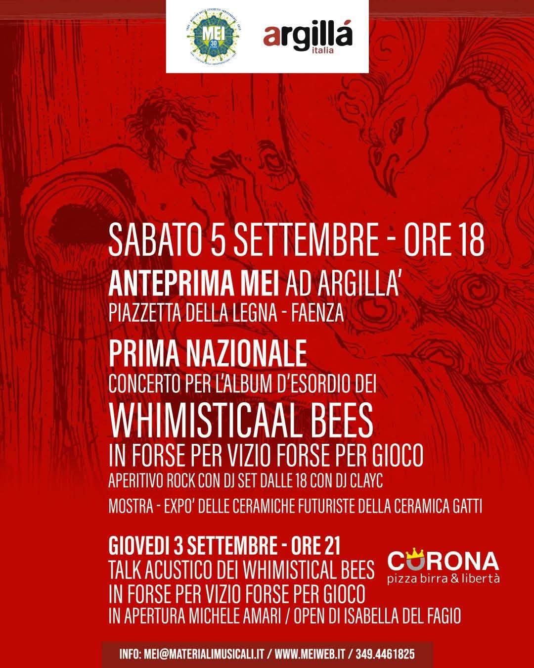Anteprima MEI ad Argillà: il 5 settembre a Faenza la prima nazionale dei Whimisticaal Bees