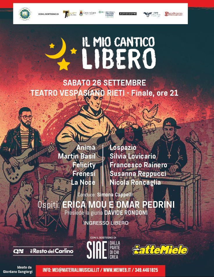  “IL MIO CANTICO LIBERO”: ECCO I 10 FINALISTI PER SABATO 26 SETTEMBRE A RIETI , IL PROGRAMMA DI SABATO 26 SETTEMBRE AL TEATRO VESPASIANO