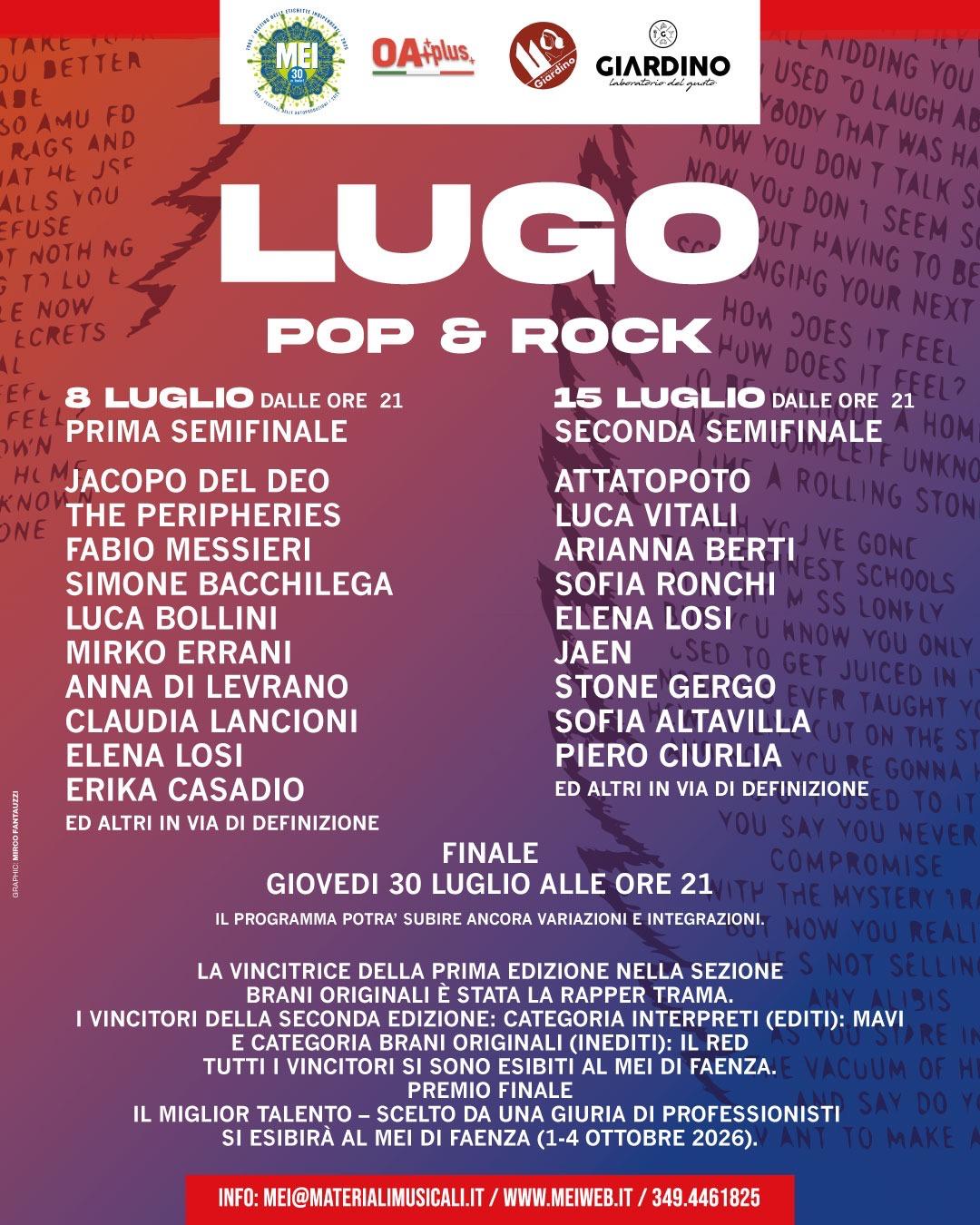 Lugo Pop & Rock 2026: l’8 e il 15 luglio le semifinali, finalissima il 30 luglio