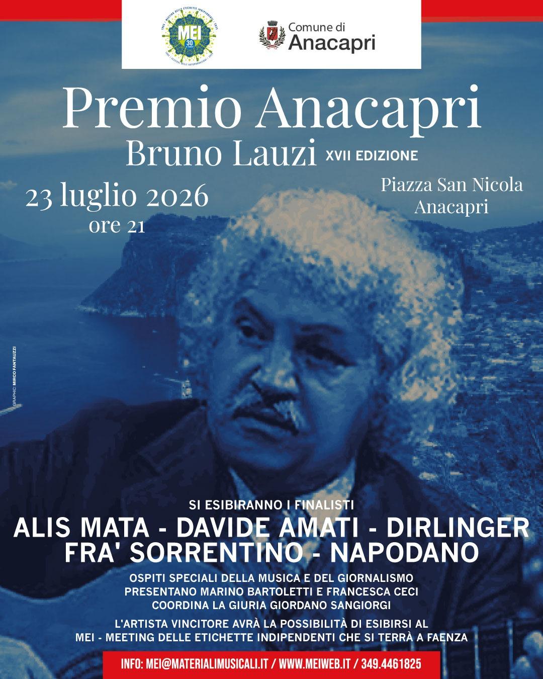 Premio Anacapri Bruno Lauzi: giovedì 23 luglio la finale con i cinque artisti selezionati Alis Mata, Davide Amati, Dirlinger, Fra’ Sorrentino e Napodano