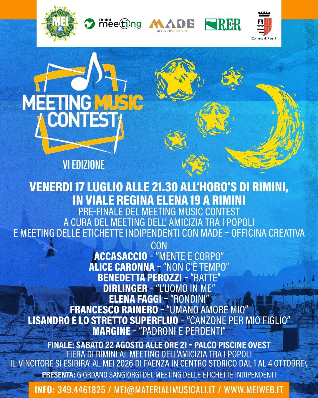 Meeting Music Contest: venerdì 17 luglio la semifinale all’Hobo’s di Rimini con gli otto artisti in gara