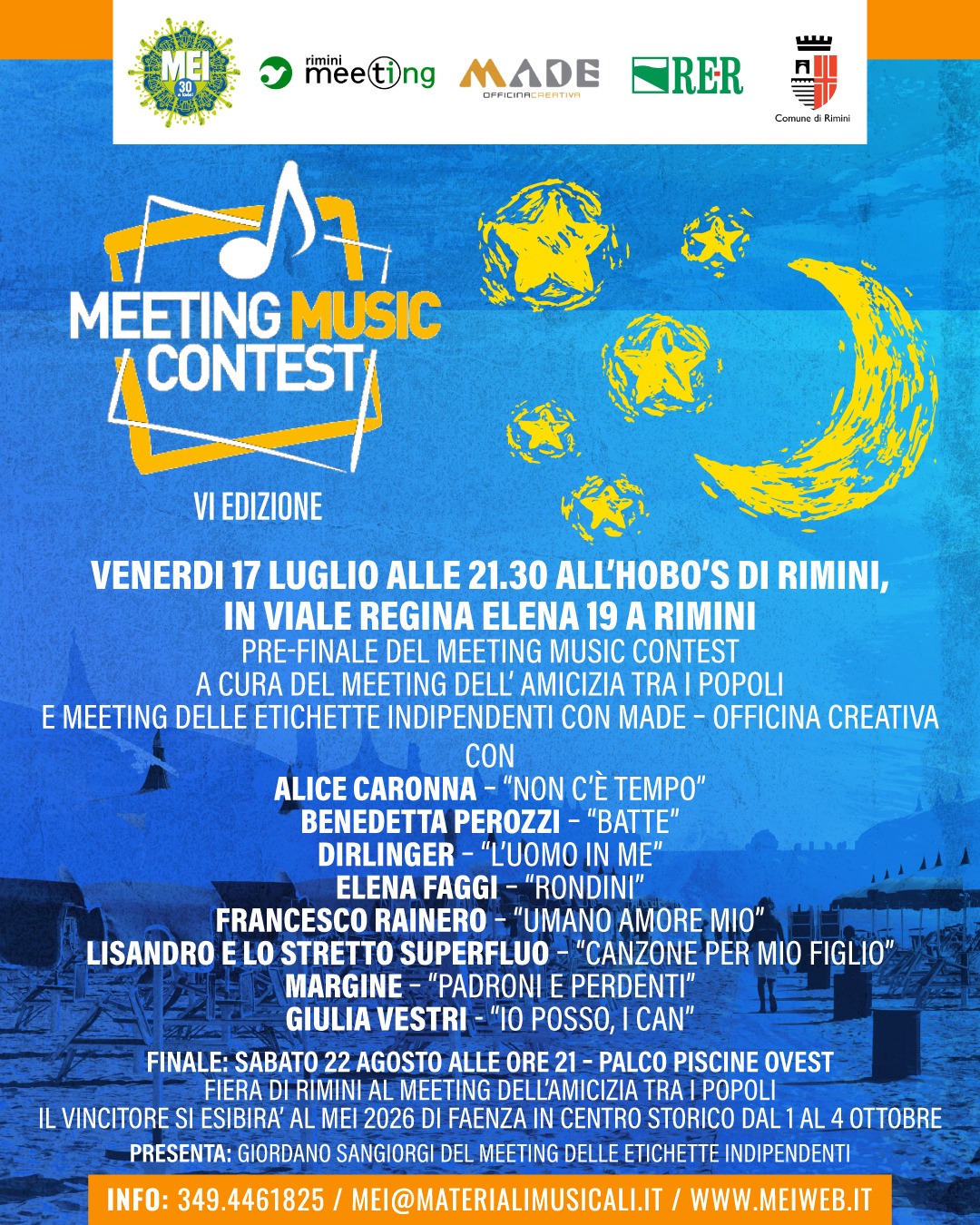 Meeting Music Contest: venerdì 17 luglio la semifinale all’Hobo’s di Rimini con gli otto artisti in gara