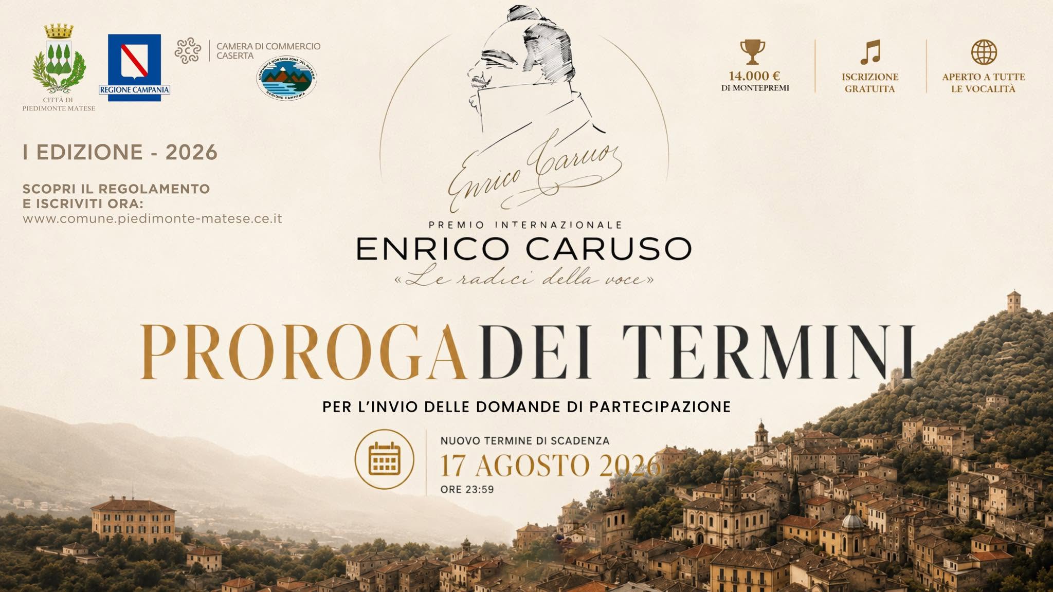 Premio Internazionale «Enrico Caruso»: prorogato al 17 agosto il termine per l’invio delle domande