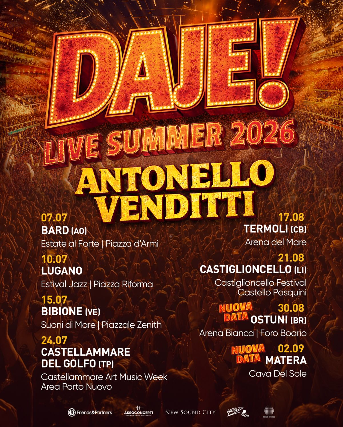 ANTONELLO VENDITTI: lunedì 17 agosto in concerto all’Arena del Mare di TERMOLI (Campobasso), nell’ambito di “DAJE! LIVE SUMMER 2026”, il tour nelle più suggestive location outdoor d’Italia