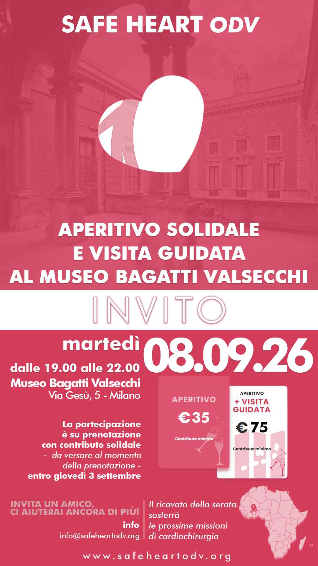 L’8 settembre a MILANO, presso il Museo Bagatti Valsecchi, SAFE HEART ODV (organizzazione di volontariato dedicata alla cura delle patologie cardiovascolari) presenta APERITIVO SOLIDALE E VISITA GUIDATA alla casa museo