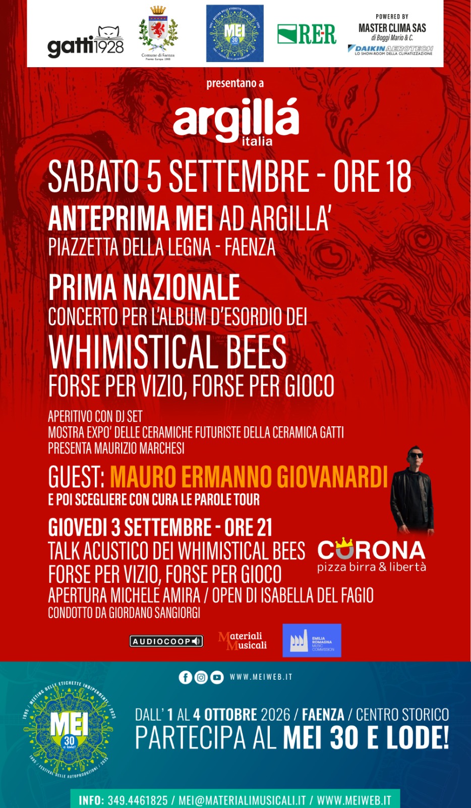Anteprima Mei ad Argilla sabato 5 settembre con la prima nazionale del primo disco dei faentini Whimistical Bees con il live del testimonial Mauro Ermanno Giovanardi