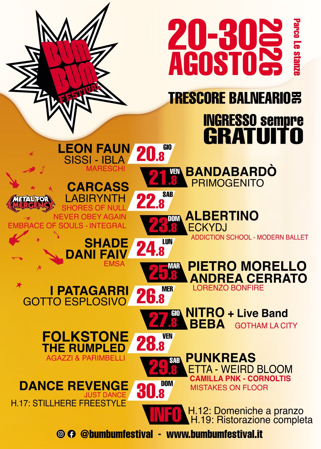 Dal 20 agosto: Bum Bum Festival 2026 con Albertino, Andrea Cerrato, Bandabardò, Carcass, Folkstone, I Patagarri, Leon Faun, Pietro Morello, Punkreas, Shade e molti altri a Ingresso Gratuito