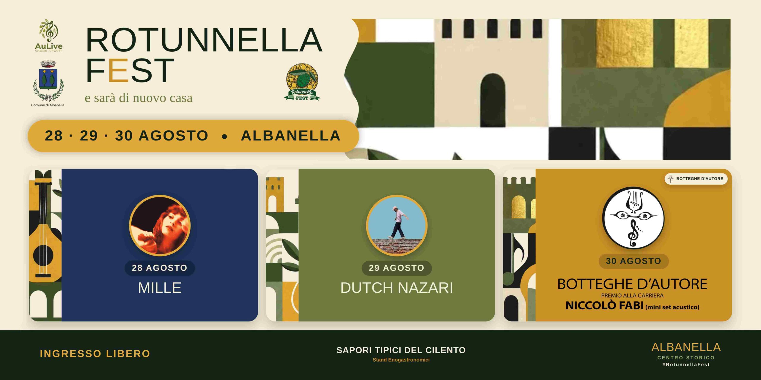 A Niccolo Fabi il premio alla carriera Botteghe d’Autore 2026; il Premio si fonde con il Rotunnella Fest, festival dedicato all’olio di oliva, dal 28 al 30 agosto ad Albanella (SA)