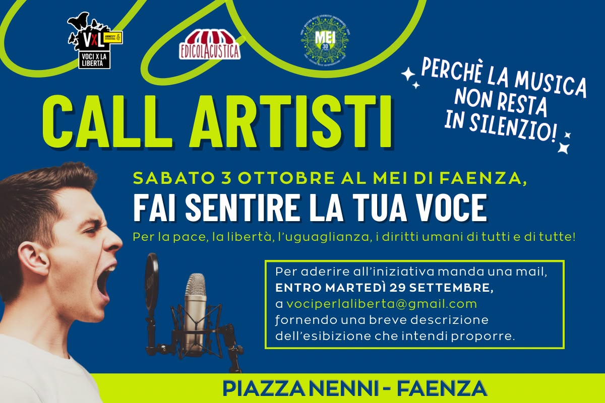 Una call sui diritti umani di ‘Voci per la libertà’ e Edicolacustica al Mei di Faenza: “Fai sentire la tua voce”