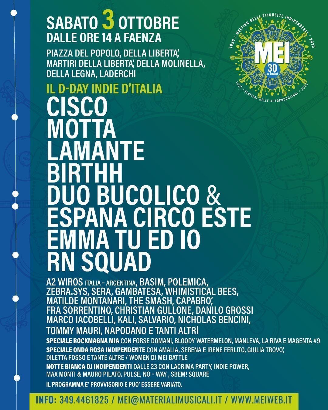 MEI 2026 sabato 3 ottobre: CISCO, MOTTA, LAMANTE, BIRTHH, DUO BUCOLICO & ESPAÑA CIRCO ESTE, MORGAN, Fiera del Disco&MEI Talk!