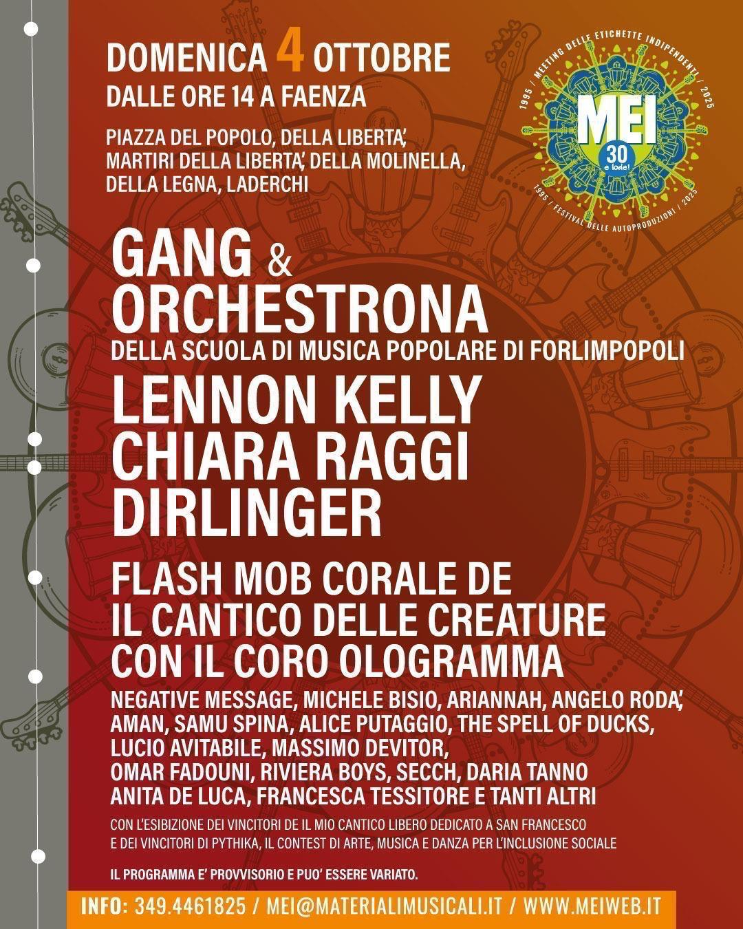 MEI 2026 Domenica 4 ottobre: Gang & Orchestrona, Lennon Kelly, Chiara Raggi, Flash mob corale “Il Cantico delle Creature” con il Coro Ologramma e incontri&talk, il Forum del Giornalismo e tanto altro.