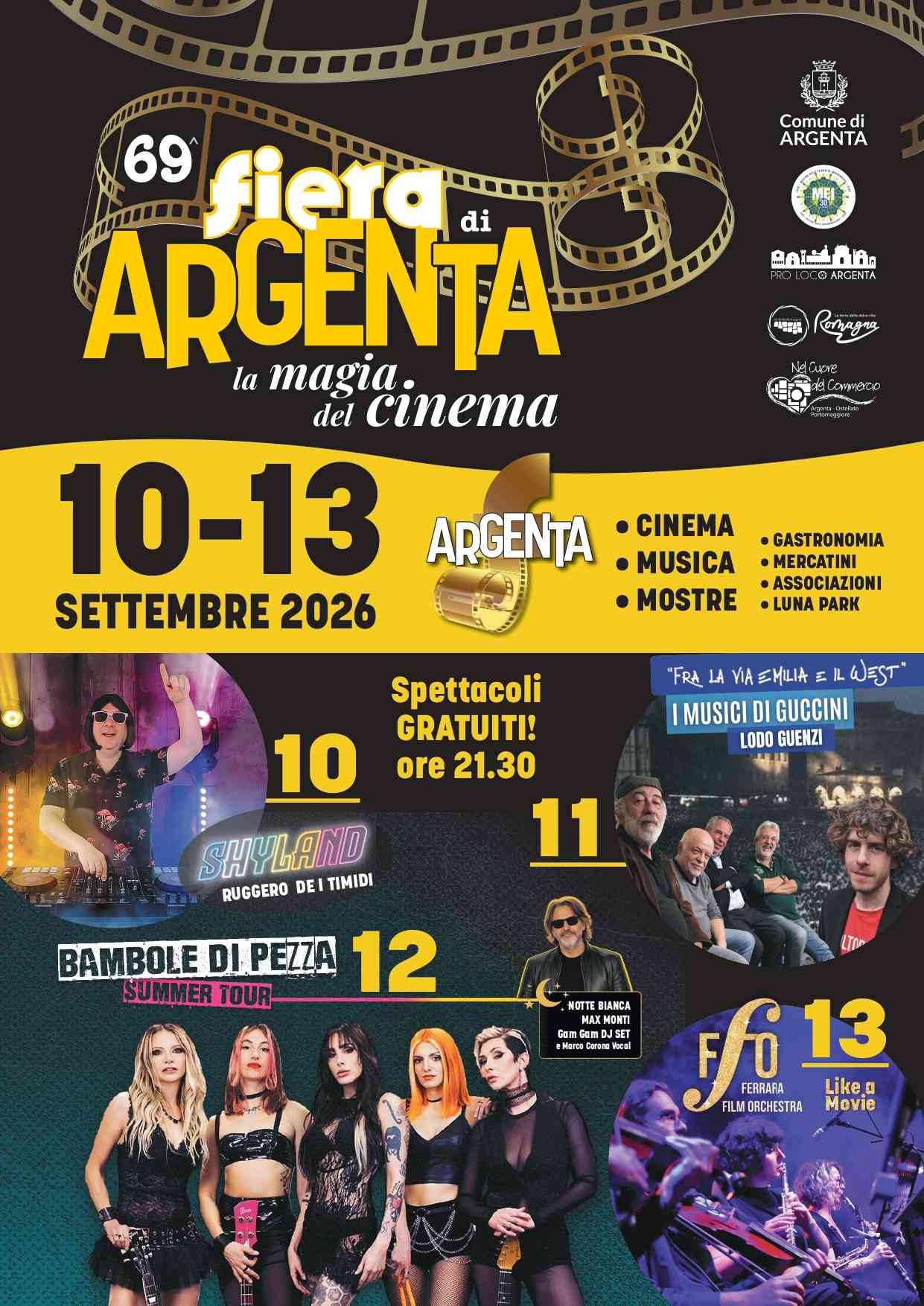 Fiera di Argenta 2026 dal 10 al 13 settembre: Ruggero de I Timidi, i Musici di Guccini con Lodo Guenzi, Bambole di Pezza e Ferrara Film Orchestra protagonisti dell’edizione dedicata alla magia del cinema