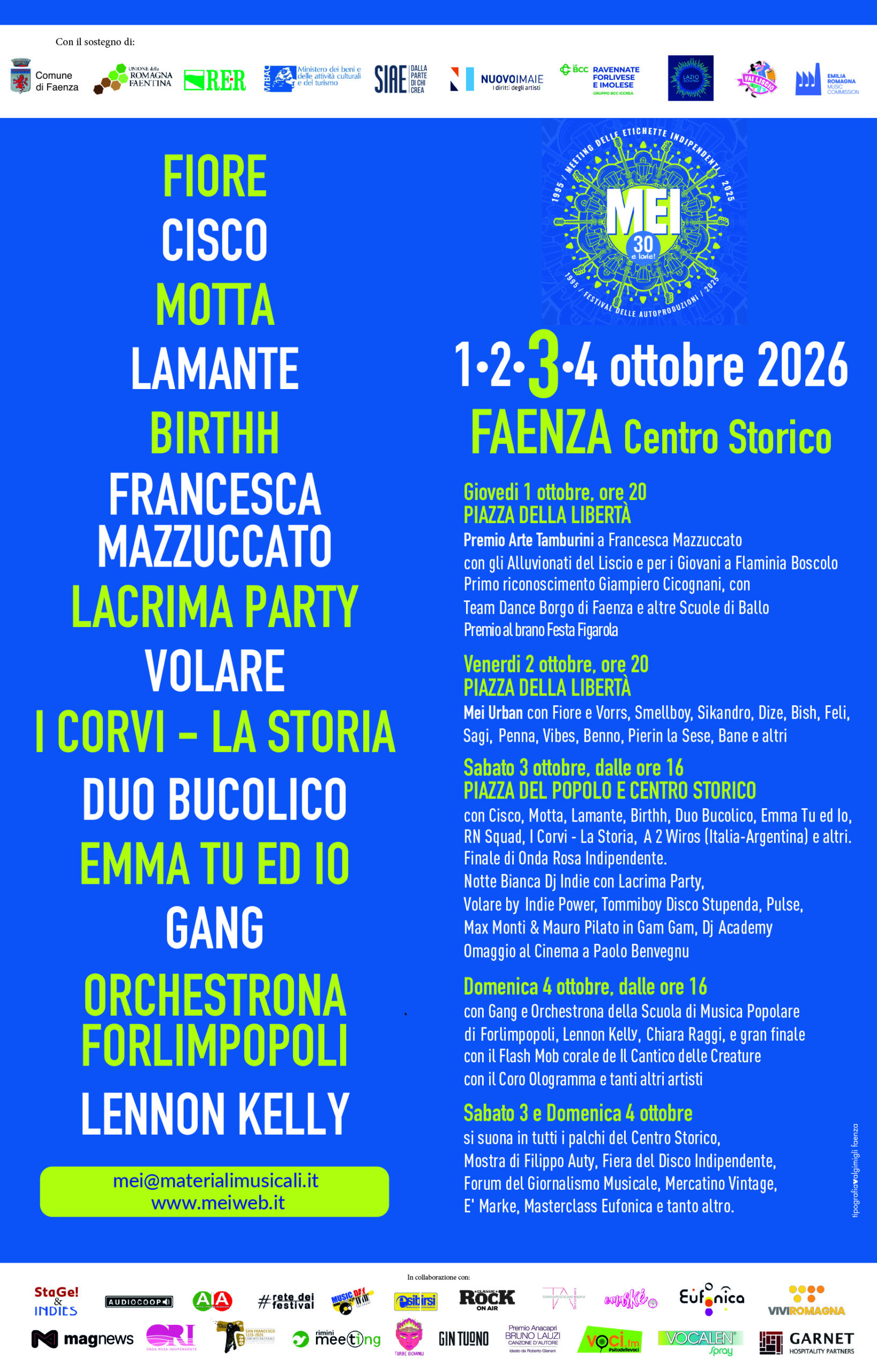 Dall’1 al 4 ottobre a Faenza (Ravenna) l’edizione “30 e Lode!” del MEI – Meeting delle Etichette Indipendenti, la più importante rassegna della musica indipendente italiana