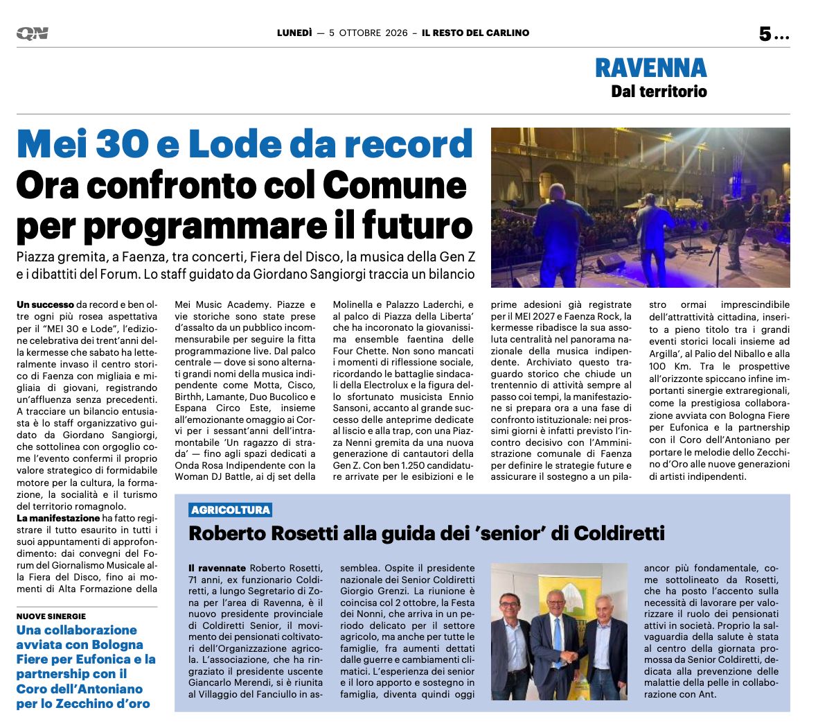 Il Resto del Carlino dedica un articolo al MEI 30 e Lode: un’edizione da record, ora lo sguardo è rivolto al futuro
